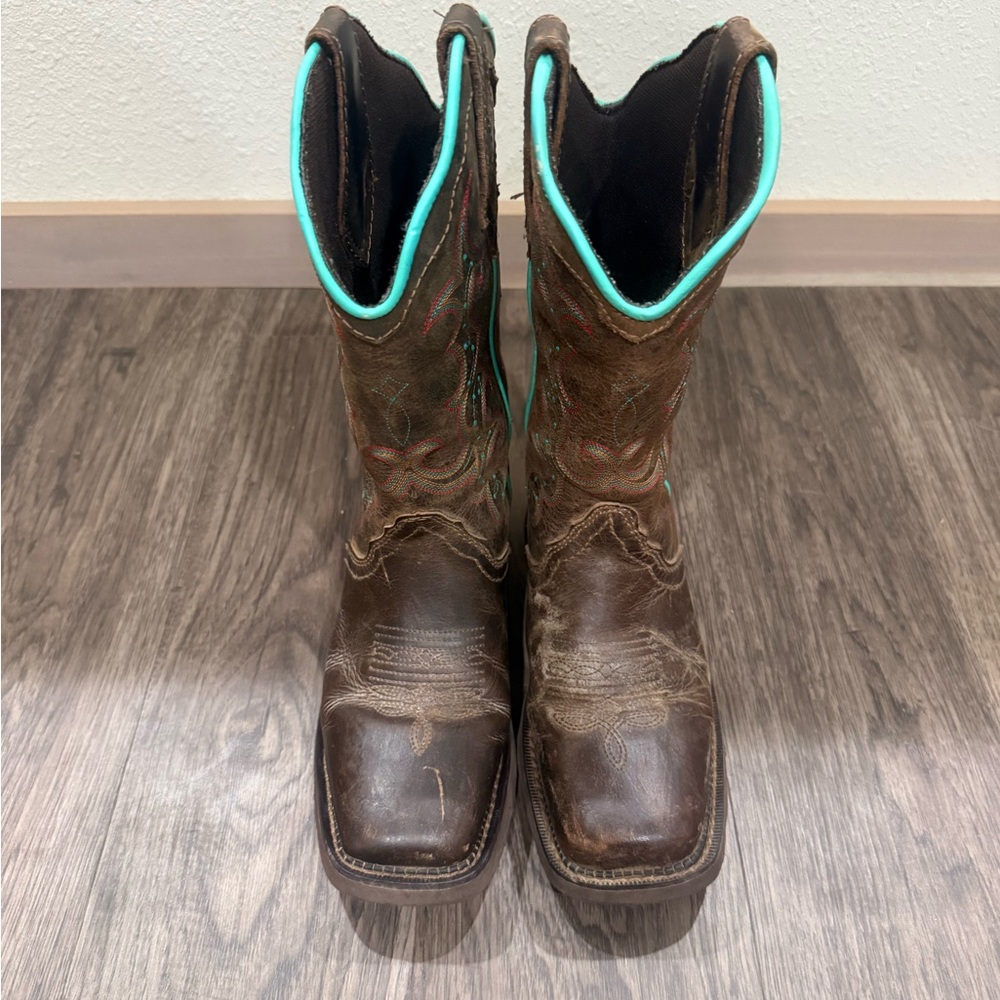 Brown Leather Cowboy Boots with Turquoise Trim